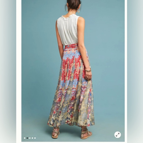 Anthropologie Hemant & Nandita Red Gold Blue Floral Louvre Maxi Skirt SZ L - Picture 2 of 9